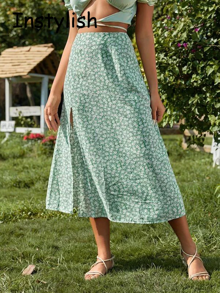 

Elegant Boho Floral Print Midi Skirt Sexy Office Lady High Waist Split Bodycon Skirt Casual Beach Holiday A Line Long Skirt