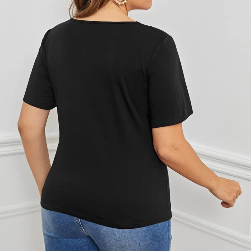Casual Plus Size Clothes Black T-Shirt 2023 Summer Lace Patchwork V-Neck Short Sleeve Office Lady Pullover Basic Tops Women's