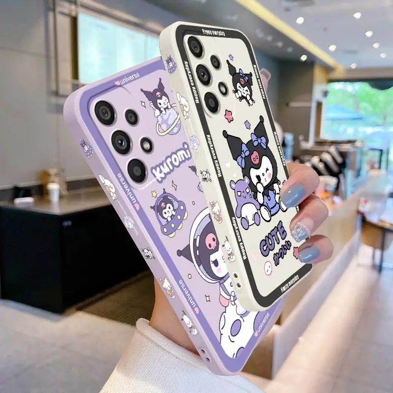 

Cartoon Cute Kulomi Sanrio Phone Case For Samsung A53 A52 S A33 A32 A51 A71 A21S A13 A73 A50 A72 A23 A12 5G Liquid Left Rope