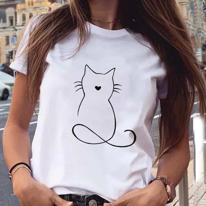 

2023NEW Sweet Cat Lovely Animal Fashion Short Sleeve Spring Summer Cartoon Print Lovely Clothes Tops Tees Tshirt T-Shirt