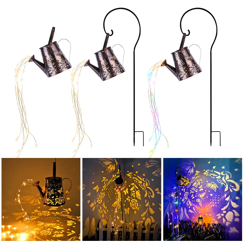 

Solar Watering Can Lights Butterfly Iron Hollow Art Decor Lamp Waterproof Outdoor Hanging Kettle Lanterns for Garden Yard