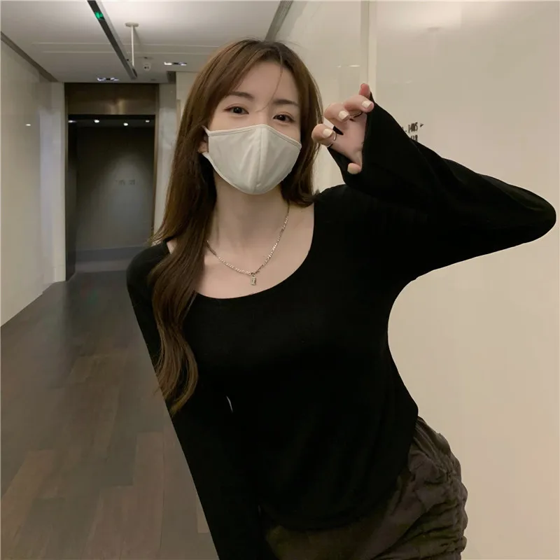 

Футболка женская с длинным рукавом, приталенный Повседневный Топ с асимметричным подолом, рубашка для девушек, весна-осень