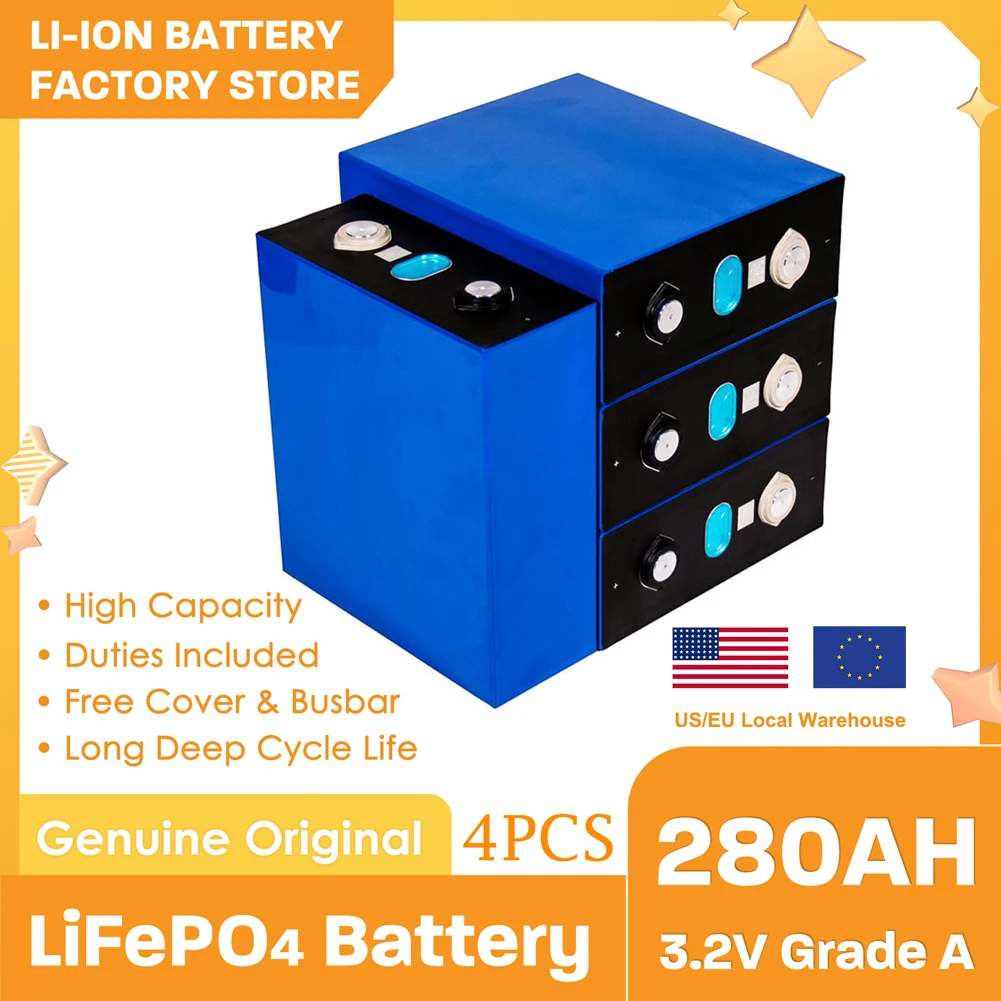

4pcs 3.2V 280Ah LiFePO4 Battery 3C Lithium Iron Phosphate Batteries for 4S 12V 24V 48V Golf Cart Yacht Solar RV
