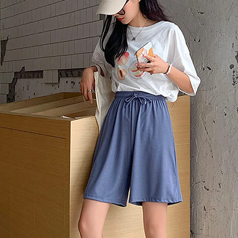 Women Soft High Waist Ice Silk Shorts Wide Leg Elastic Thin Solid Color Casual Loose Cool Summer Fivepoint Straight Outdoor Home