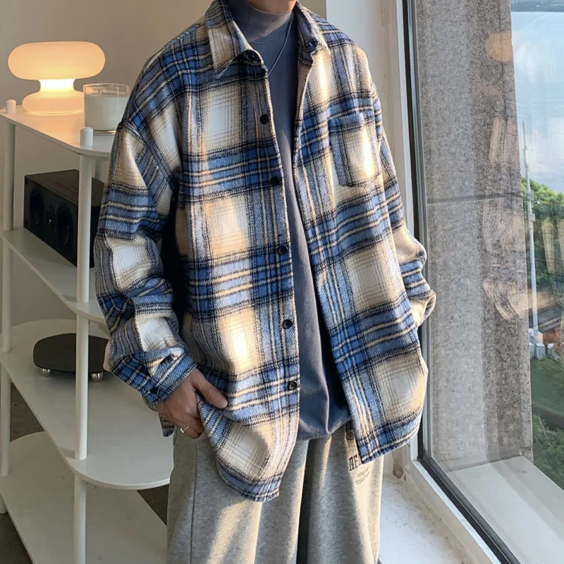 

Spring Wool Shirt Men Fashion Casual Vintage Plaid Shirts Men Streetwear Korean Loose Long-sleeved Shirt Mens Woolen Coat M-2XL