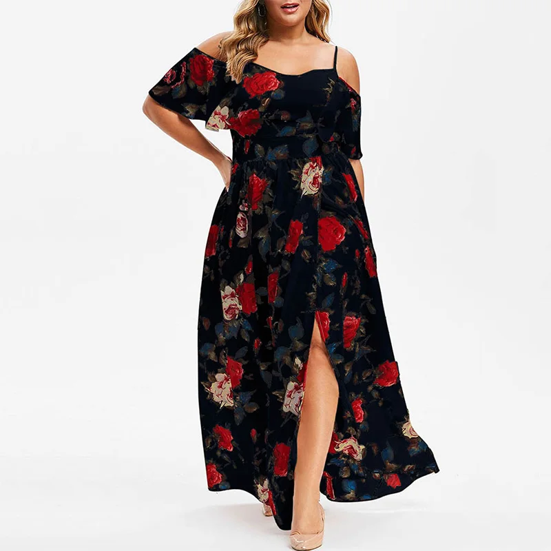 Bohemian Off Shoulder Floral Print Short Sleeve Summer Casual Plus Size Clothes High Waisted Women Slit Slip Ankle-Length Dress