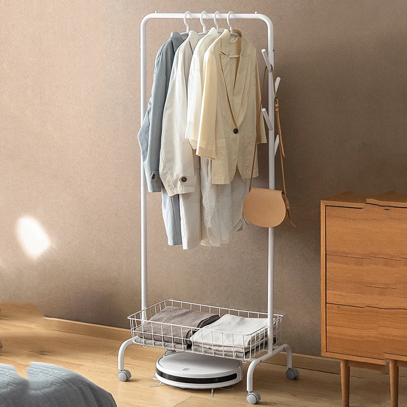"White Modern Coat Rack Place Saving Minimalist Designe Standing Floor Clothes Rack Wheels