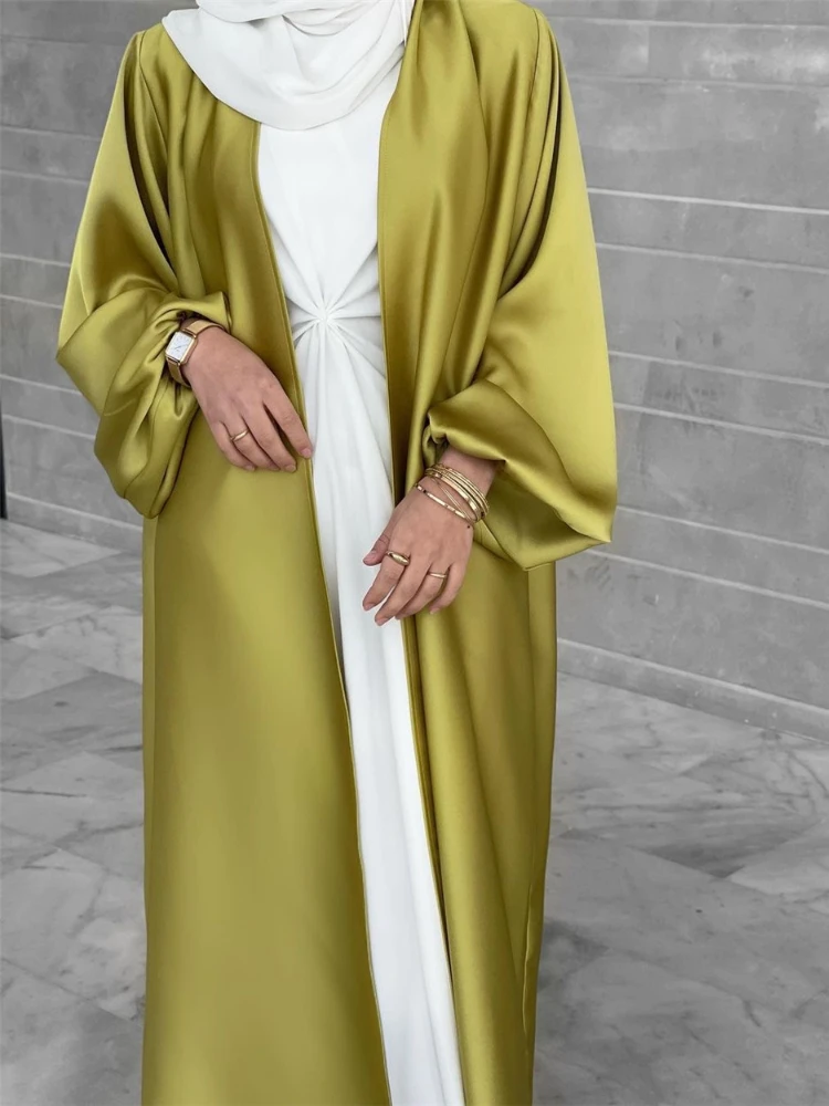 Fashion Kaftan Robe Arabe Satin Abaya Kimono Turkey Puff Sleeve Open Abayas for Women Dubai 2023 Muslim Hijab Dress Islam Modest