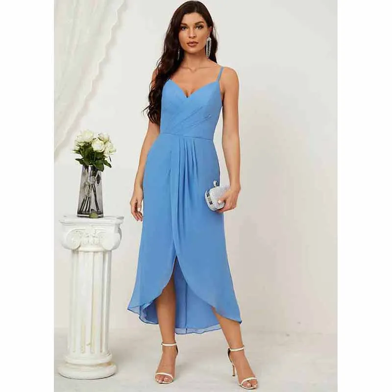 

Robes High Low Style A-line Blue Chiffon Zipper Sweetheart Collar Sleeveless And Ankle Women's Party Dress Vestidos De Noche