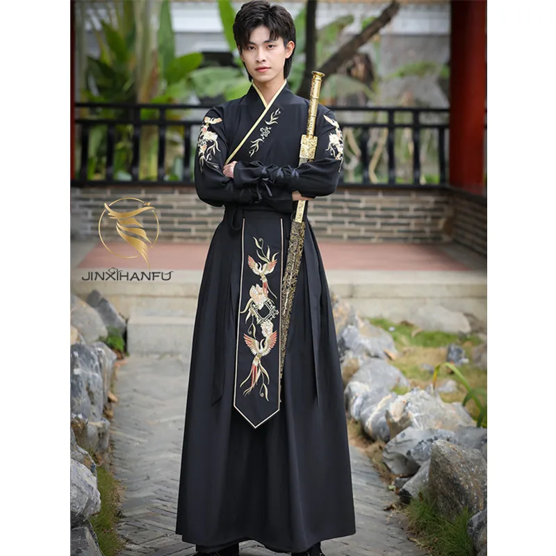 Original Design Hanfu Men Autumn Black Cross-collar Skirt  Embroidered Ancient Style Long Gown Martial Arts Performance Suit
