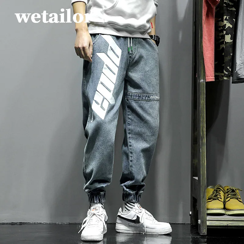 

Джинсы-карго мужские с буквенным принтом, модные брюки из денима со шнурком, черные синие, уличная одежда, весна-лето