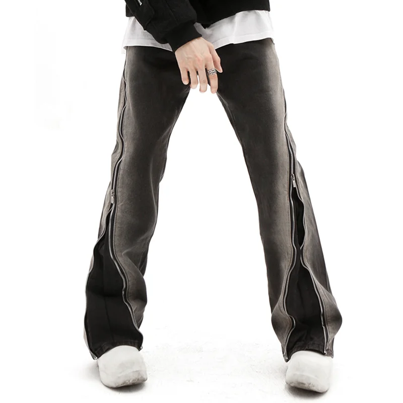 Men Clothing Vintage Hip Hop Baggy Side Zipper Bell-bottoms Versatile Temperament Straight Cylinder Jeans 2022 Winter New Female