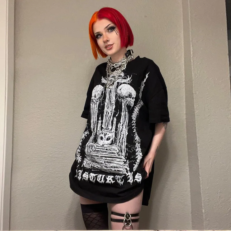 

Designed Goth Fashion Ladies Black T-shirt Short Sleeve Loose Printing Patchwork Round Neck Loose Women Street Beat T-shirt 2023