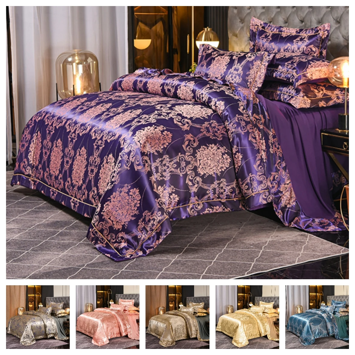 

Luxury 4pcs Satin Jacquard Bedding Set European Duvet Cover Sets 1 Quilt Cover + 1 Flat Sheet + 2 Pillowcases Full Queen King