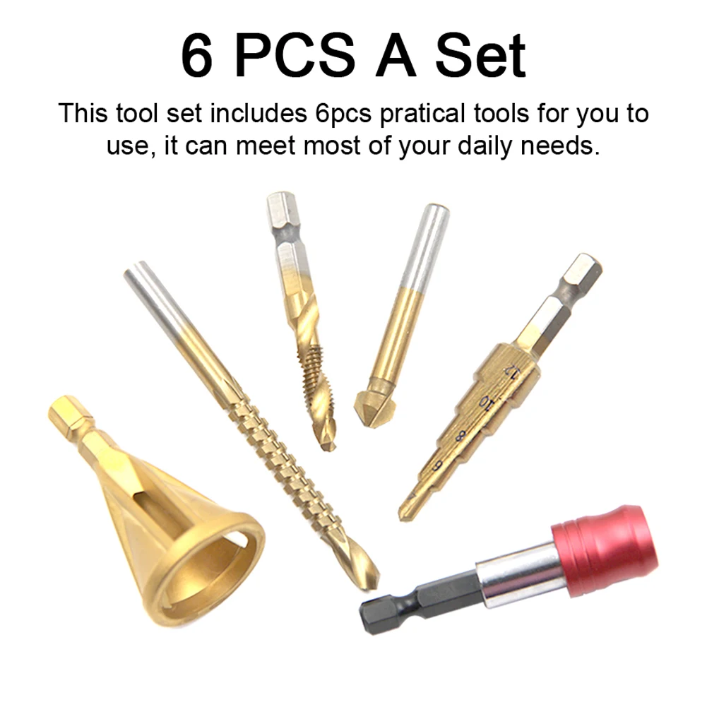 

6 PCS HSS Chamfering Tapping Set Woodworking Opening Drill Connecting Rod Set Woodworking Tool Accessories Set with Storage Box