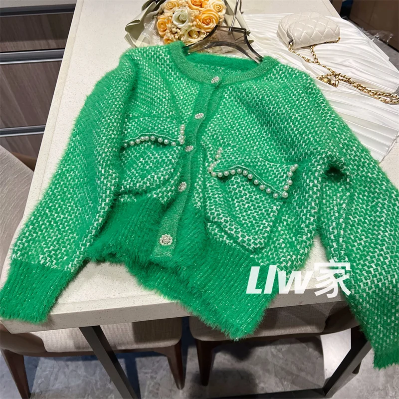 

Pearl Buckle Round Neck Green Long-Sleeved Sweater for Women 2022 Autumn New Fashion Socialite Loose Elegant Knit Cardigan