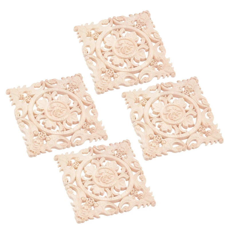 

Carving Checkered Applique Unpainted Decal for Furniture Decoration Natural Wood Appliques Square Flower Carving Decals