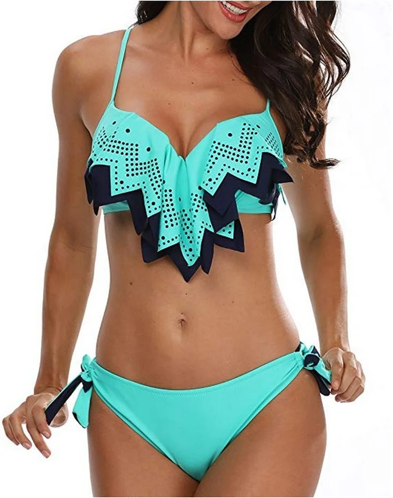 

Hollow Out Patchwork Bikini Set Women Sexy Low Waist Lace Up Swimsuit Hot Spring Beach Party Holiday Swimwear Bathing Suit New