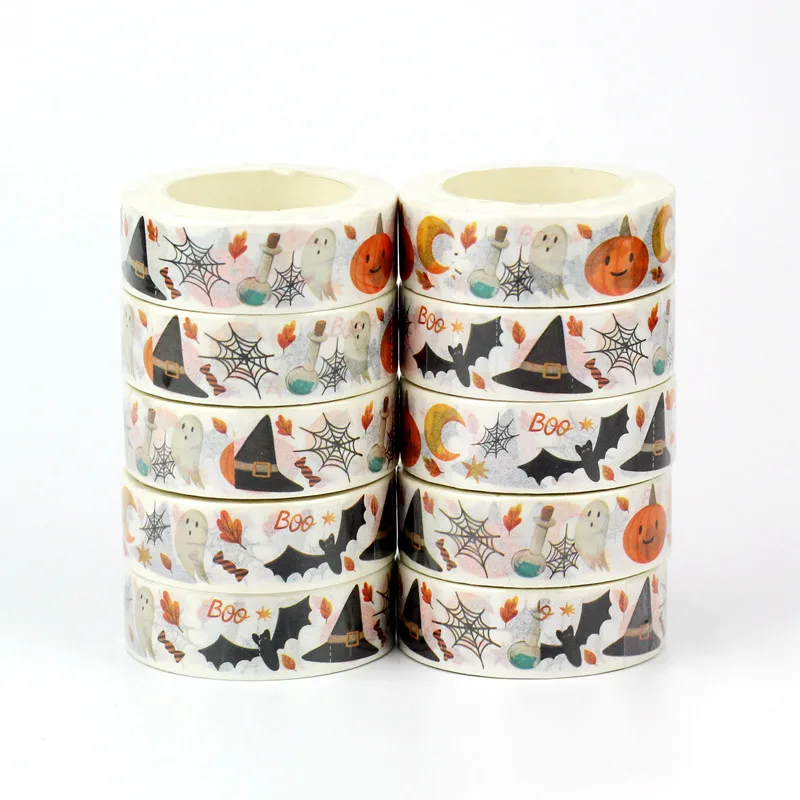 

2022 NEW Bulk 10pcs/Lot Decorative Halloween White Ghost Bat Orange Moon Washi Tapes for Journaling Masking Tape Cute Stationery