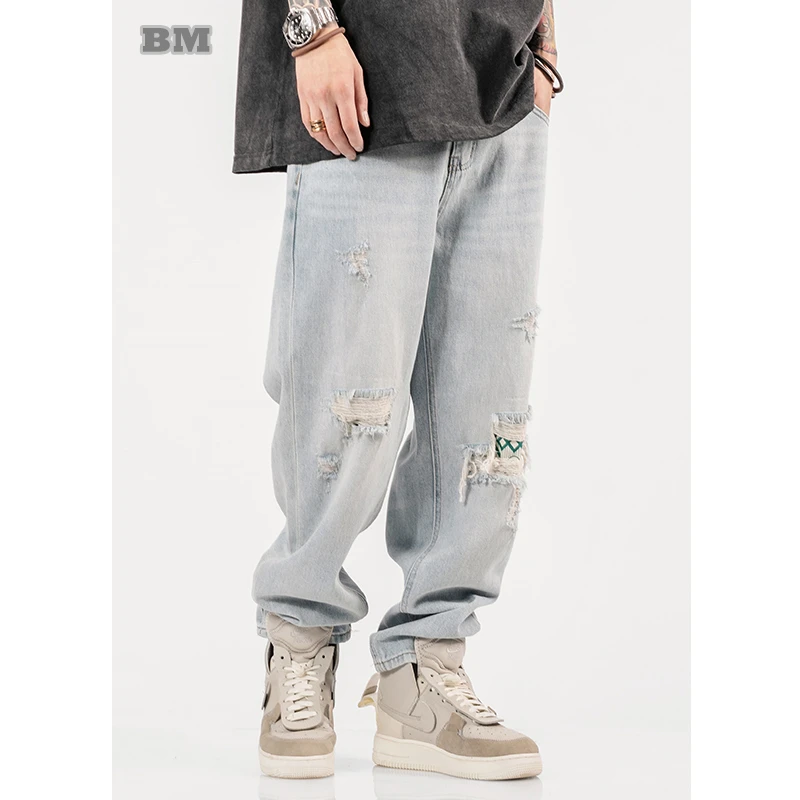 

American Hip Hop Patch Baggy Jeans For Men Harajuku High Quality Casual Denim Cargo Pants Japanese Streetwear Ripped Jeans
