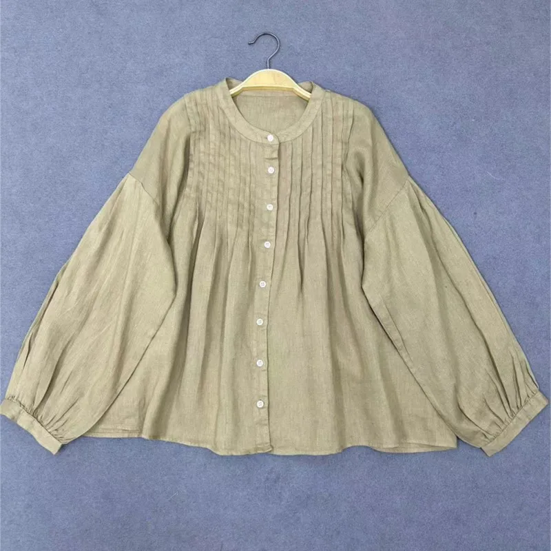 Johnature осень 2024 новая женская японская льняная рубашка с круглым вырезом