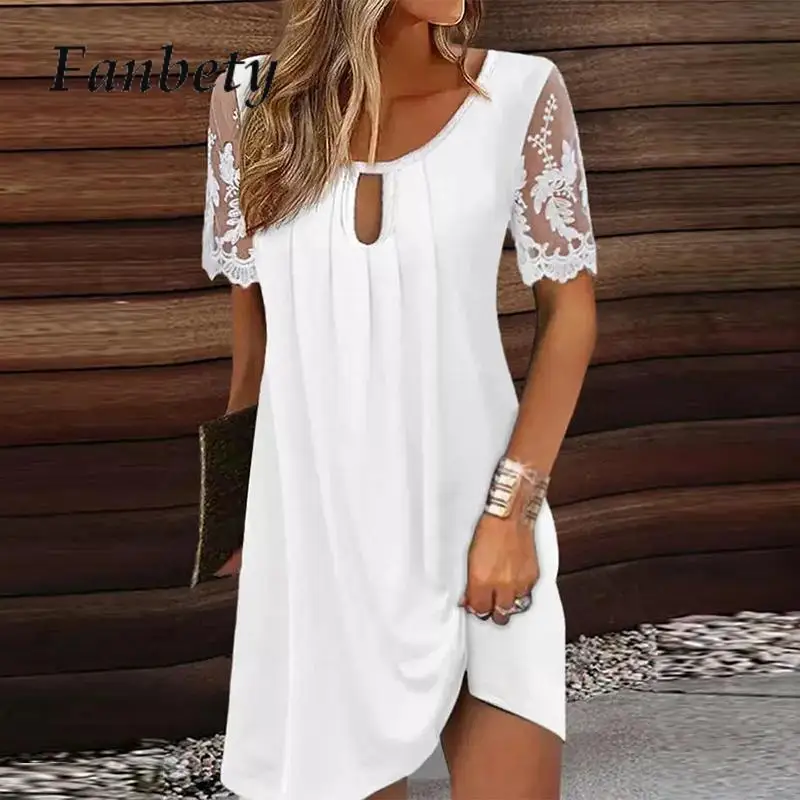 

Vintage Embroidery Pattern Beach Mini Dress Lady Short Sleeve Pullover Casual Dress Women Lace Stitching Hollow Out Ruffle Dress