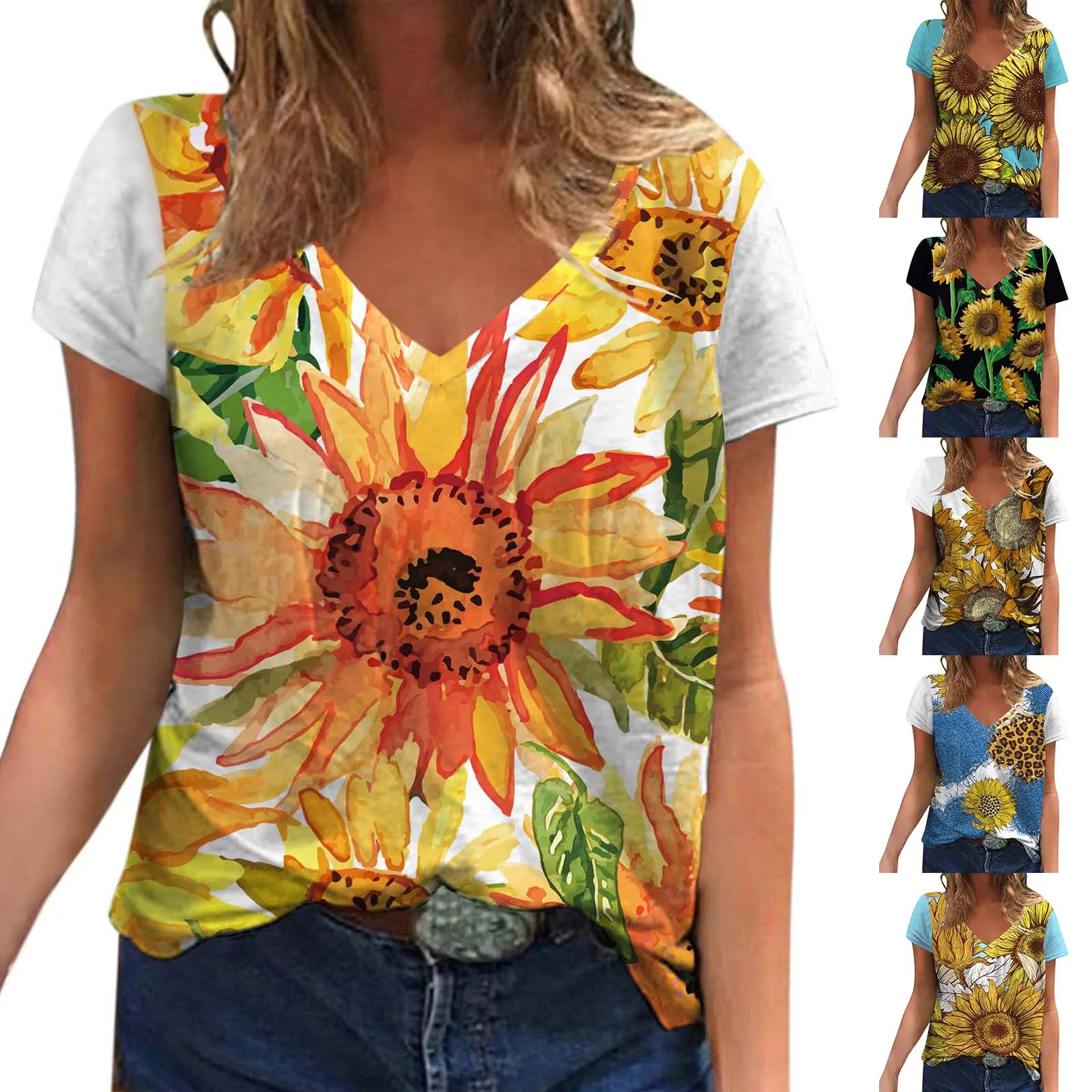 

Женская футболка с коротким рукавом, V-образным вырезом и принтом подсолнуха