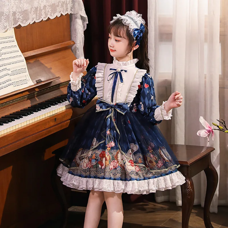 

Children's Princess Dress Girls Lolita Long-sleeved Mesh Print Dress New Girls Lolita Japanese dress 4-9years children Clothing