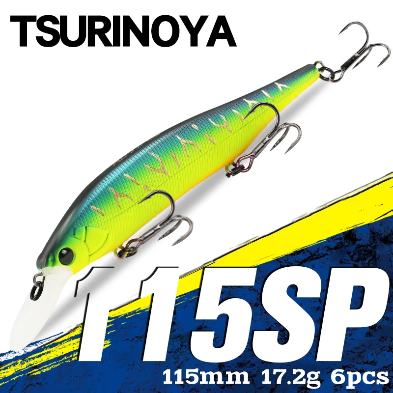 

TSURINOYA 115SP Set 6pcs 115mm 17.2g Suspending Fishing Lure Minnow AURORA Tungsten Weight System Pike Bass Jerkbait