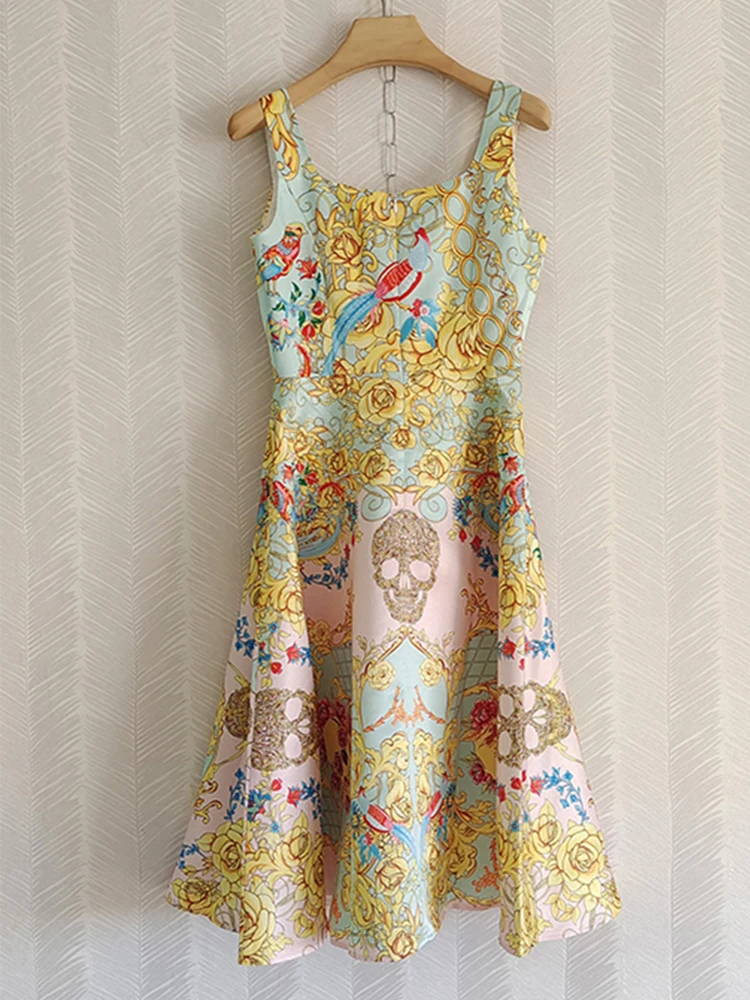 

Женское длинное платье без рукавов, повседневное бальное платье мини с принтом птичьих цепочек и бисером, праздвечерние чное платье для отпуска на лето