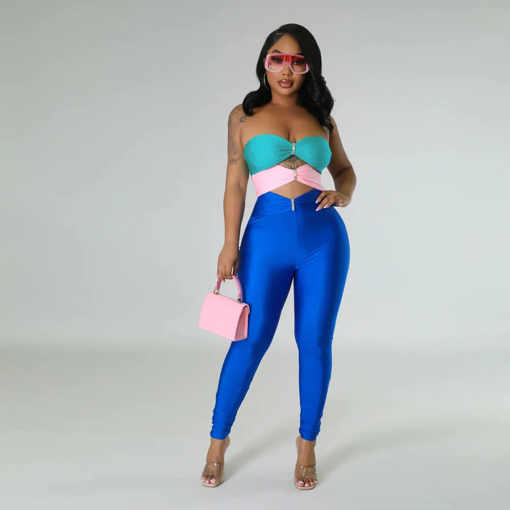 

Women Colorblocked Draped Strapless Cutout Elastic Jumpsuit 2023 Sexy Party Club Playsuit Romper