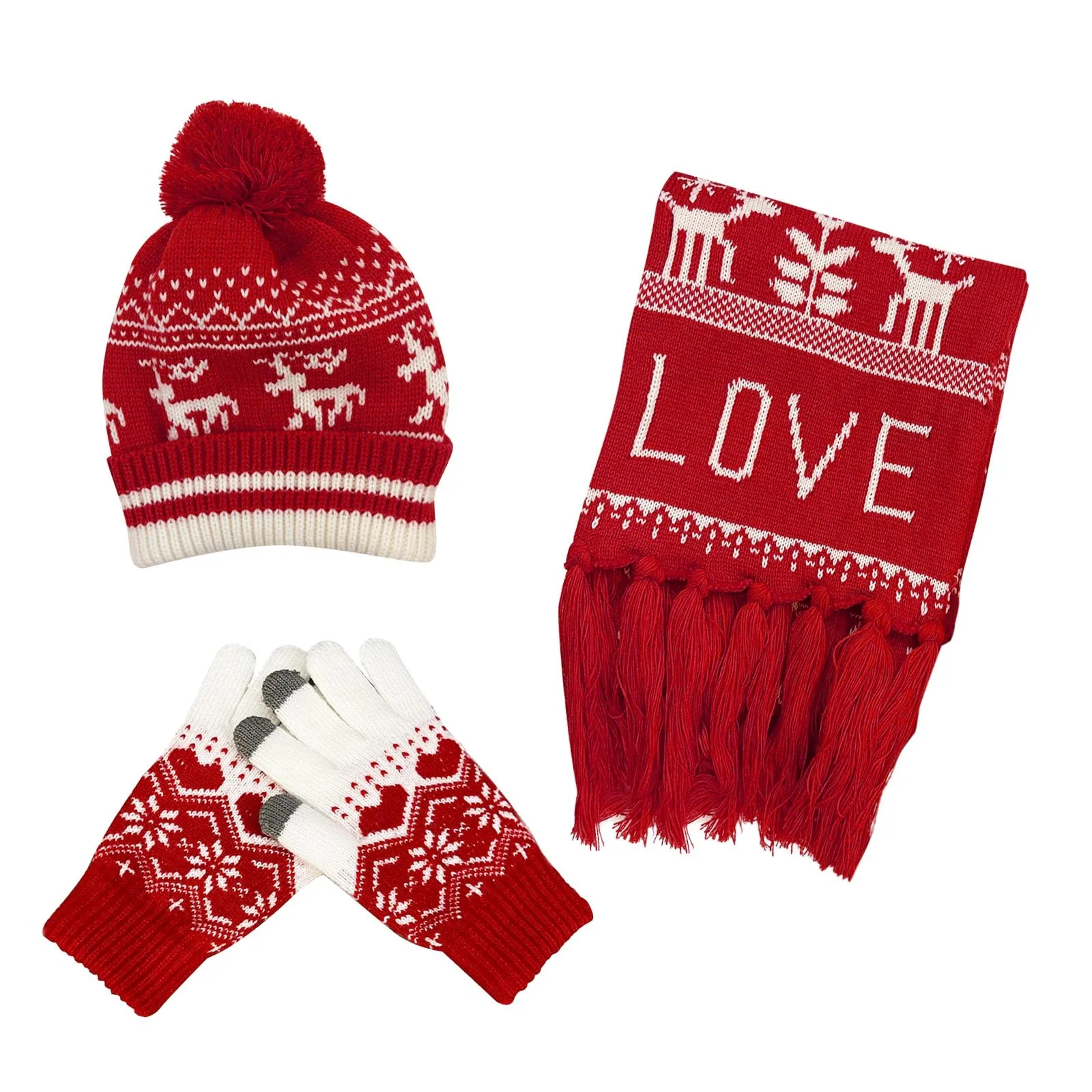 

Women&Men Autumn Winter Warm Wool Fashionable Christmas Three Pieces Set Knitted Scarves Hat And Gloves Sets Hat Gloves Scarf
