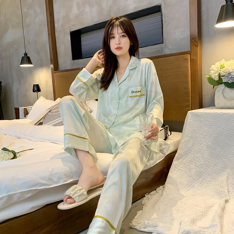 Ice Silk Pajamas Women's Summer High-end Solid Color Satin Thin Loose Long-sleeved Trousers Home Service
