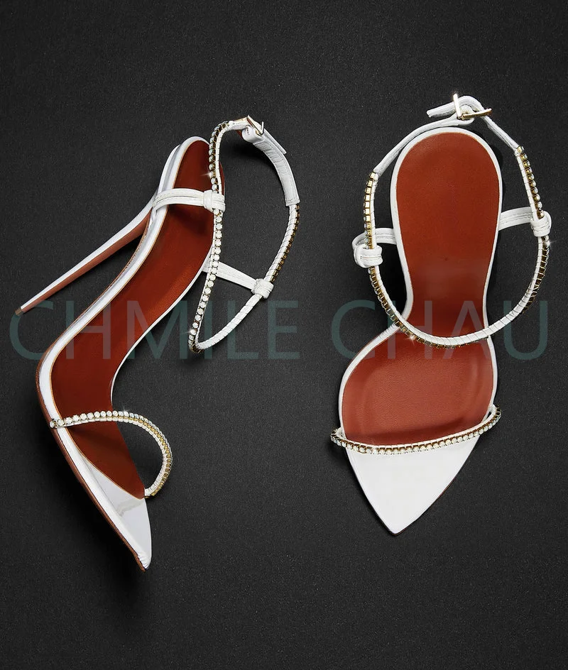 New in Crystals Rhinestone Luxury Designer Women Elegant Sandal Stiletto High Heels Ankle Strap Fetish Shoe Plus Size 81-CHC-30