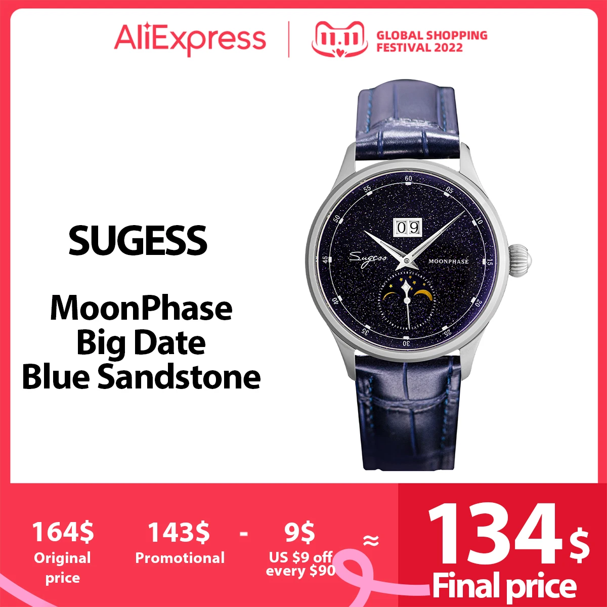 Цена Мужские часы Sugess, ограниченная серия, Moonphase 316L, чехол из нержавеющей стали, чашка ST2528, роскошный драгоценный камень, звезды, циферблат, подаро...