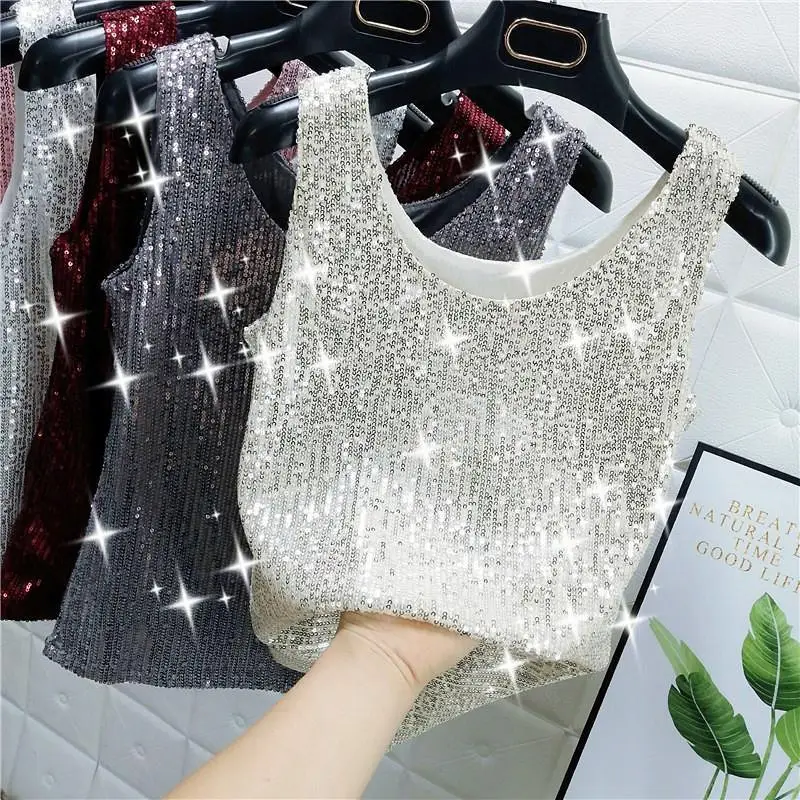 

Sequin Crewneck Vest Women's Summer New Shine Fashion Glitter Backing Shirt Strap Top