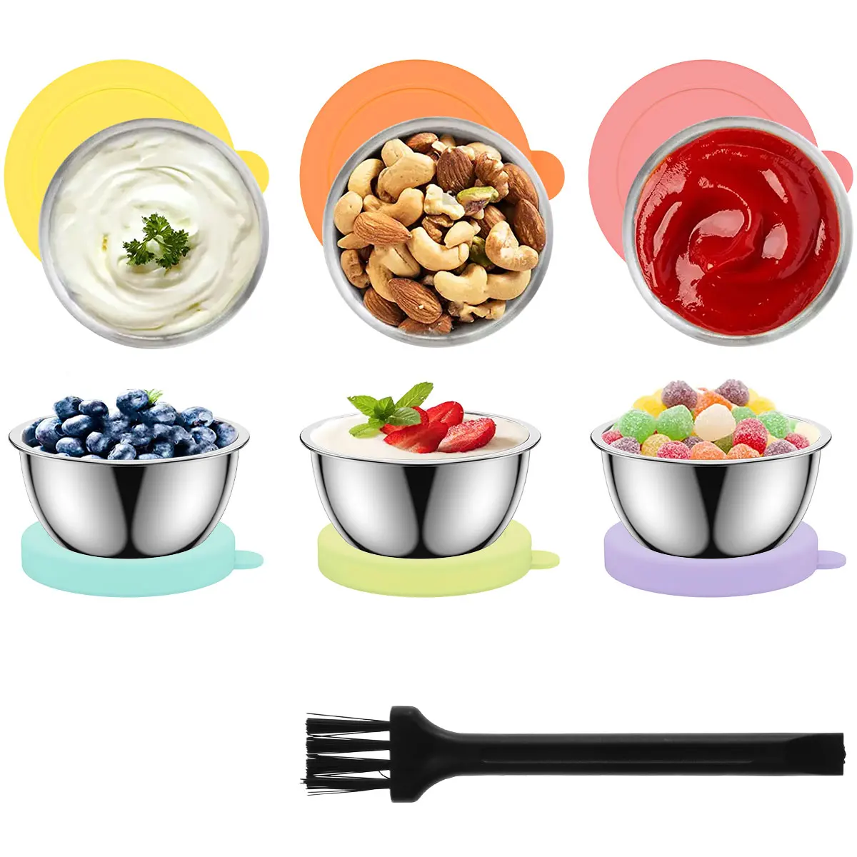 

6 шт. контейнер для салата с щеткой 6x1,6 унций многоразовый силиконовый контейнер для соуса герметичный контейнер из нержавеющей стали