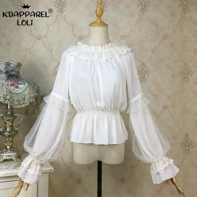 

Summer Thin Chiffon Lolita Top Short Base Shirt For JSK Puff Sleeve Mesh Lace Ruffles Teens Girls Sweet Women Cropped Blouse New