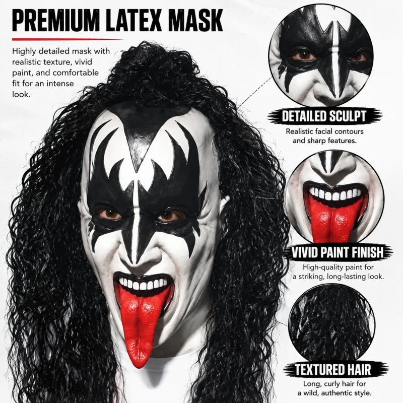 Фото Маска демона Джин Симмонс из группы KISS, реалистичная латексная маска с черным кудрявым париком для Хэллоуина, карнавала, косплей-вечеринки. №5