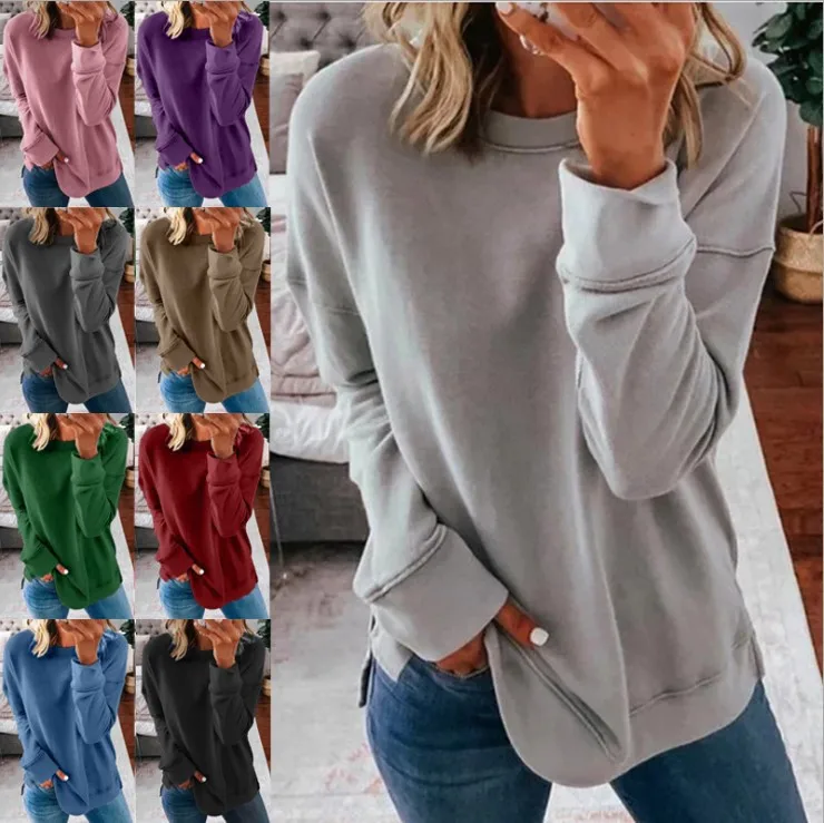 

Autumn and winter casual women's clothing European and American simple round neck loose solid color long-sleeved t-shirt sweater