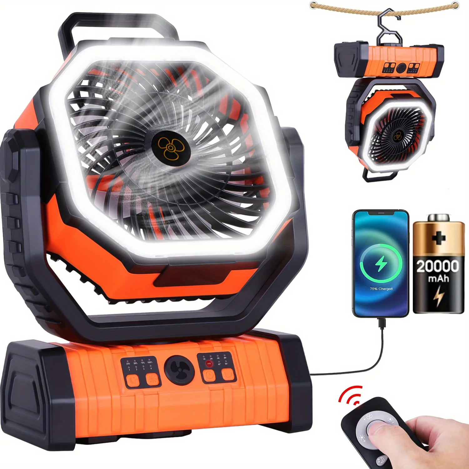 Outdoor Camping Fan with LED Light Portable and Bright Tent for Hiking Fishing - 1pc
