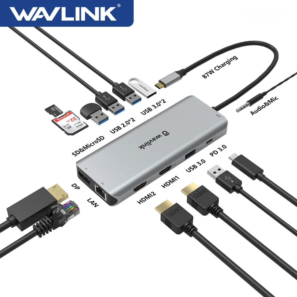 Wavlink USB-C док-станция с тройным дисплеем USB C HUB 4K 60Hz Type к HDMI DP RJ45 USB3.0 адаптер для