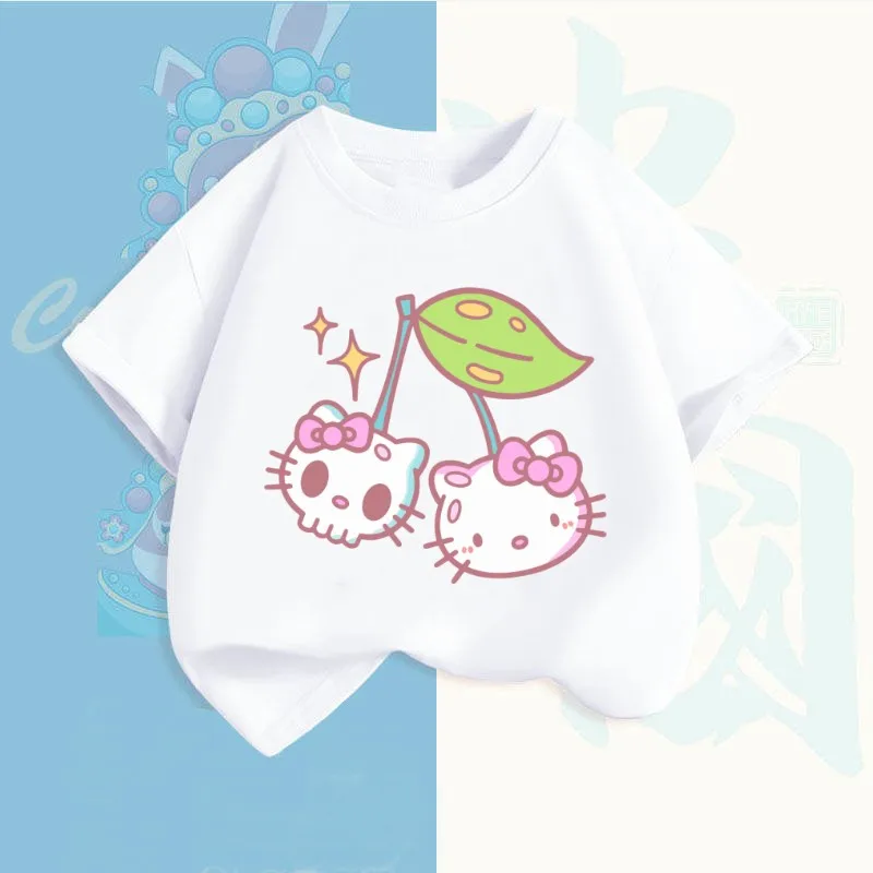 

Summer Hello Kitty Kuromi My Melody Children T-Shirt Sanrio Anime Cartoons Casual Clothes Girl Boy Short Sleeve Tops Kawaii Gift