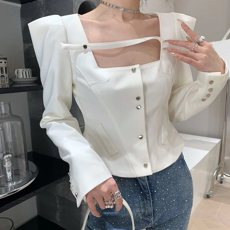 

Women 23 Fashion Elegant White Wool Jacket High Quality Long Sleeve Square Neck Soft Short Profile Coat Slim Classic Waist Coats