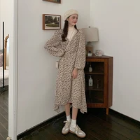 french fake two piece long skirt 2021 autumn and winter high neck waist waist thin floral long sleeve dress