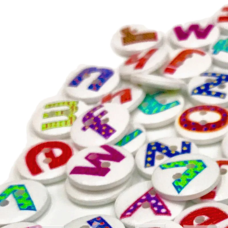 

100PCS 15MM Letter Alphabet Wooden Buttons Scrapbooking Random Color Two Holes Buttons for DIY Child Clothes Accessories