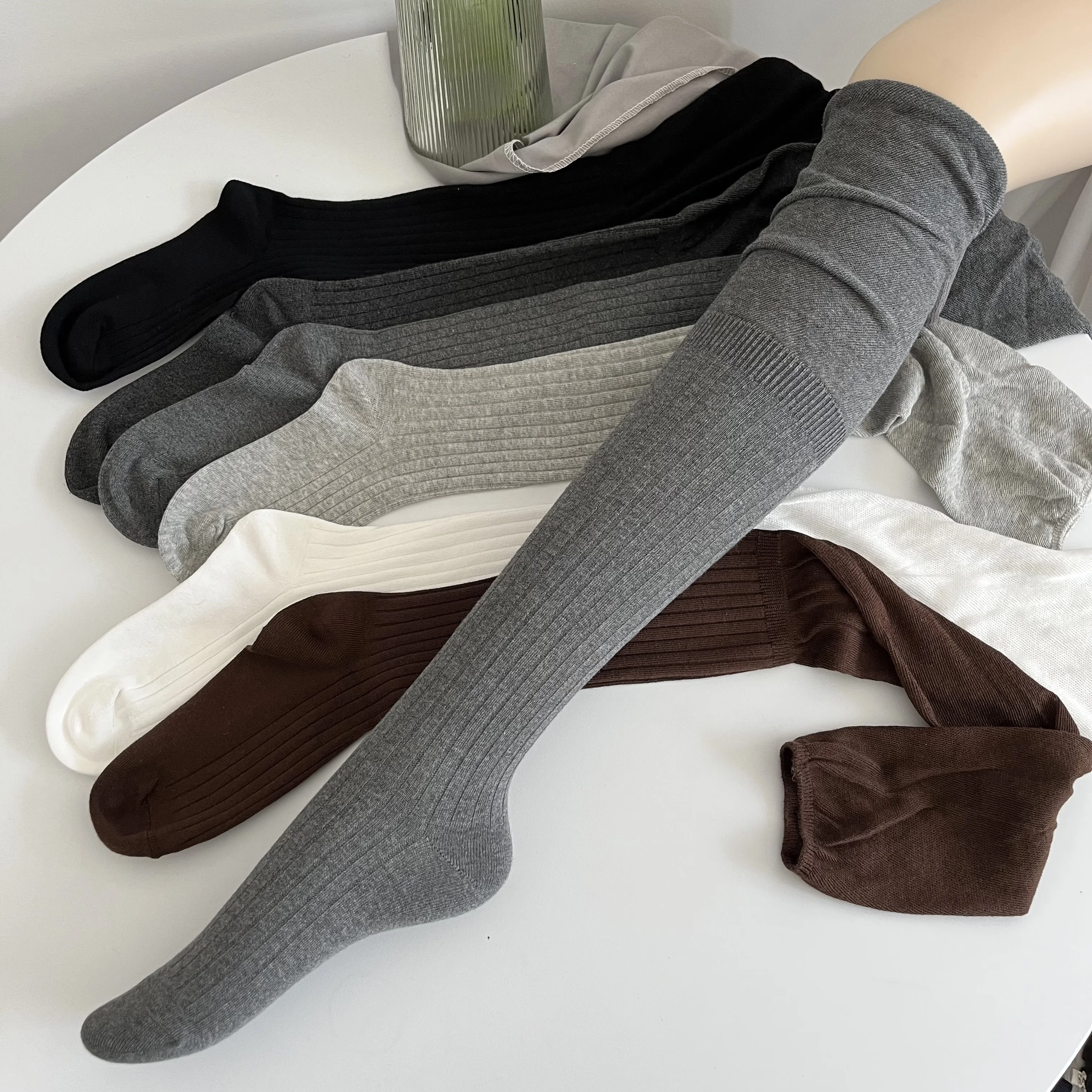 Smoky Gray Knee Socks Women Spring and Autumn Vertical Stripes Patchwork High Stacked Calf Retro White Stockings ...