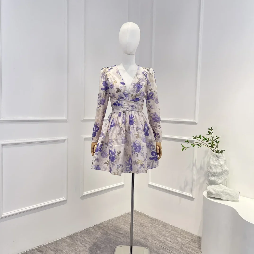 

Женское Плиссированное мини-платье, фиолетовое ТРАПЕЦИЕВИДНОЕ ПЛАТЬЕ составного кроя с V-образным вырезом, длинными рукавами и высокой талией, 2023