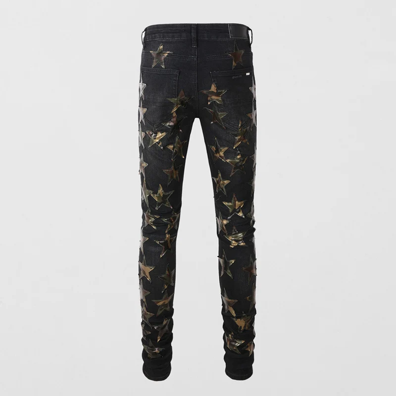 Streetwear Fashion Men Jeans Black Color Stretch Slim Fit Hole Ripped Jeans Men Stars Patch Designer Brand Hip Hop Pants Hombre