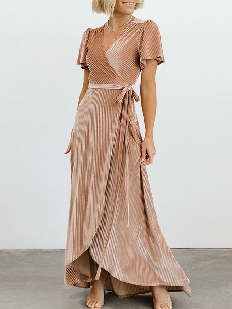 

Модное однотонное платье с V-образным вырезом и поясом, элегантное вечернее асимметричное платье с запахом и коротким рукавом, повседневное...